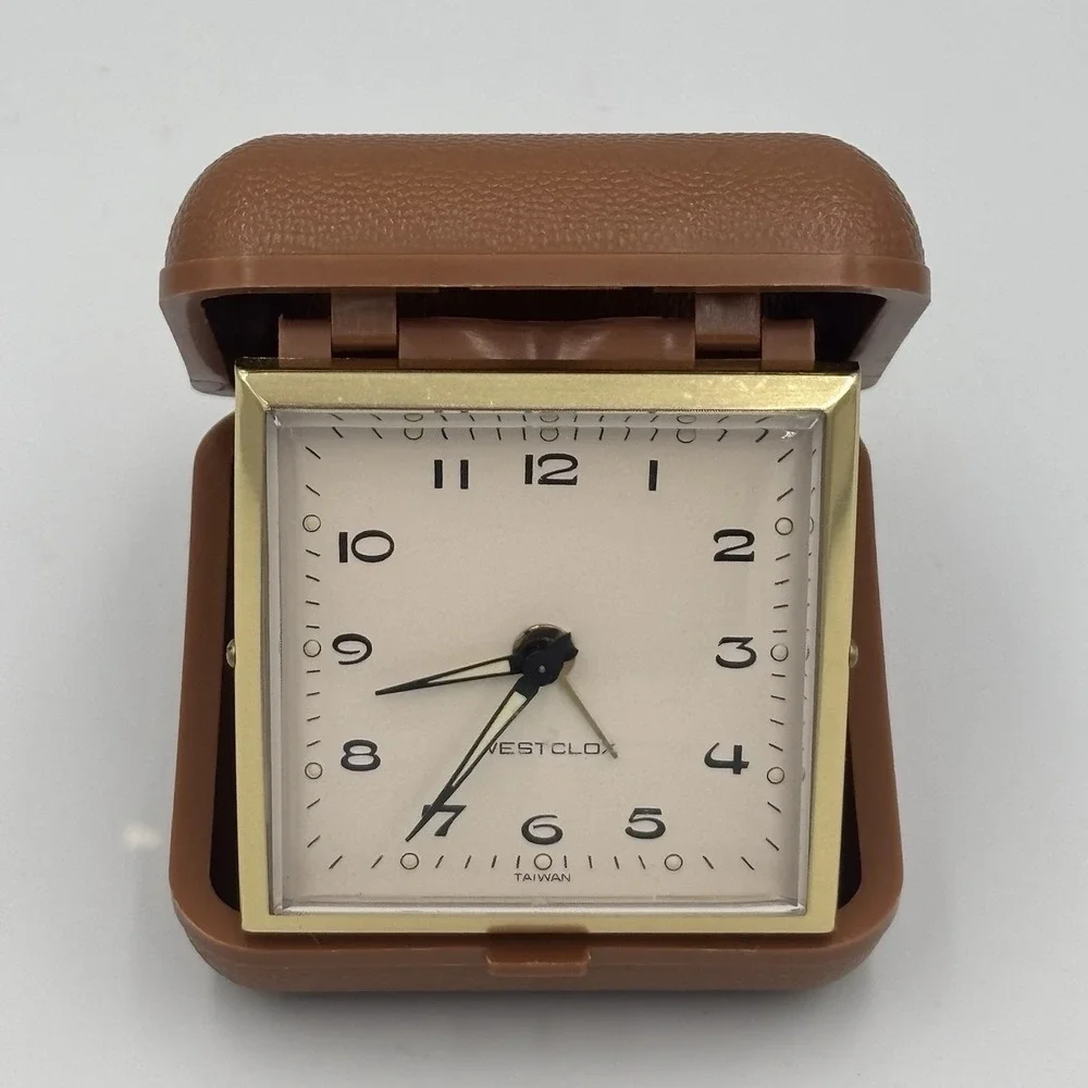 Vintage Westclox Compact Windup Travel‎ Alarm Clock Tan Folding Case Works Great